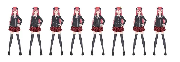 Anime manga estudiante chica en chaqueta y falda roja — Vector de stock