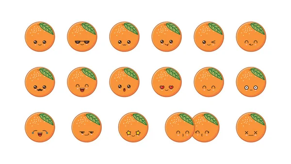 Mignonne mascotte de kawaii orange. Set visages de nourriture kawaii — Image vectorielle