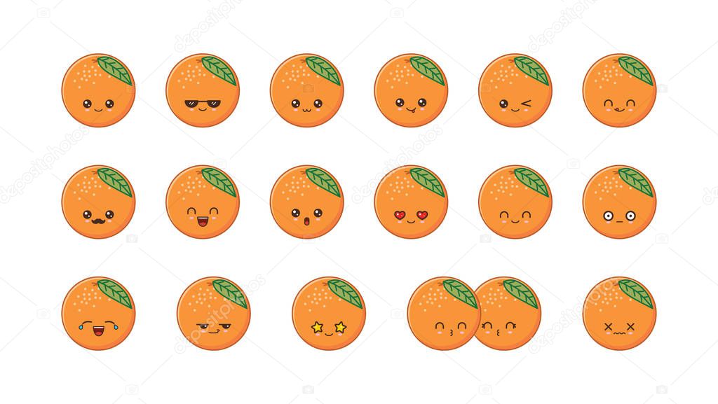 Orange cute kawaii mascot. Set kawaii food faces