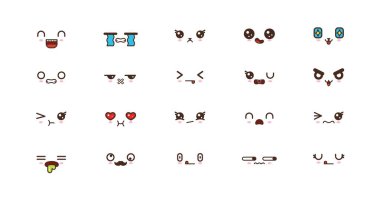 Kawaii şirin yüzler ifadeler gülümse. Japon emoji
