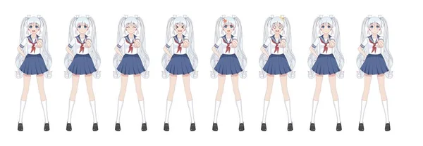 Anime manga gadis sekolah dalam setelan pelaut, rok biru - Stok Vektor