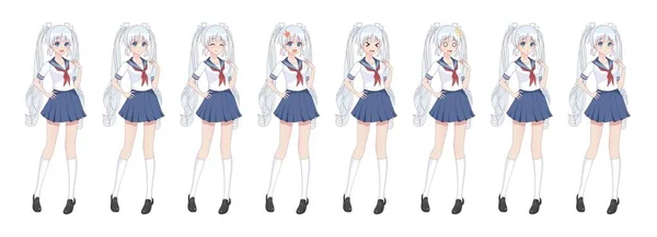 Anime-manga schoolmeisje in sailor suit, blauwe rok — Stockvector