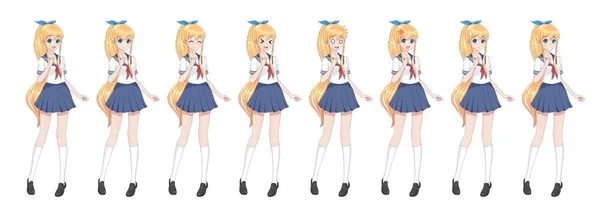 Anime manga escolar en traje de marinero, falda azul — Vector de stock