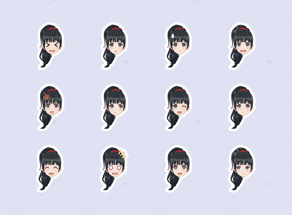 Set Of Emotional Stickers Head Anime Manga Girl Japanese Cartoon Style For Chat Messages Paper Or T Shirt Print Girl With Black Hair Premium Vector In Adobe Illustrator Ai Ai
