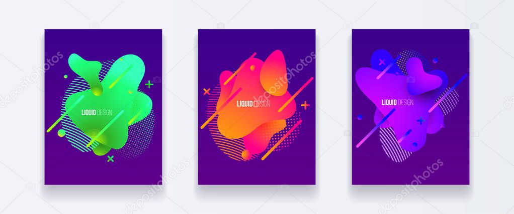 Abstract cover set of liquid shapes. Fluid vector design. Gradient flyer, banners with flowing liquid shapes. Modern design template.