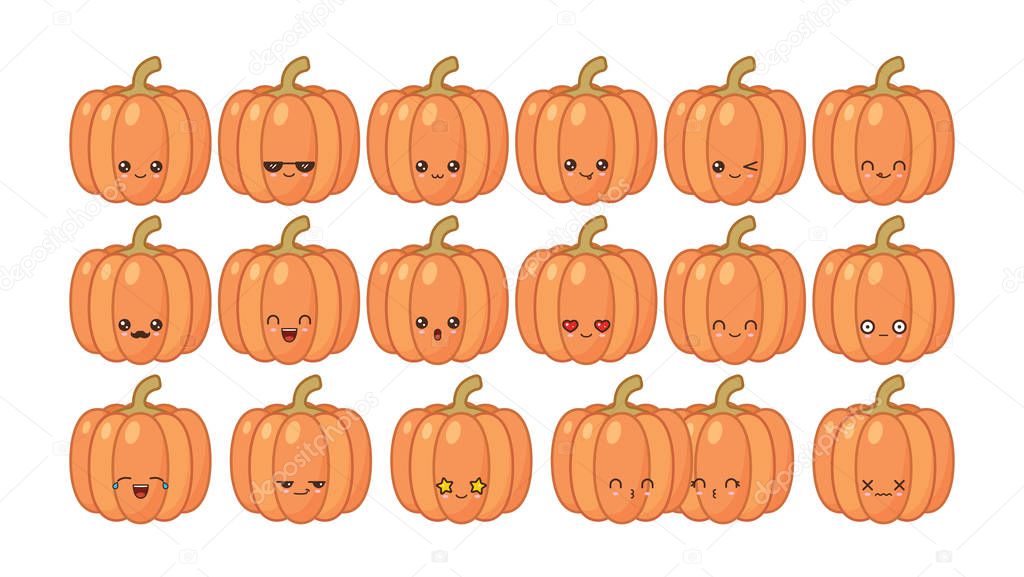 Pumpkin cute kawaii mascot. Set kawaii food faces