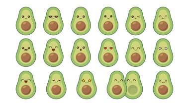 Avokado sevimli kawaii maskotu. Set kawaii gıda yüzleri