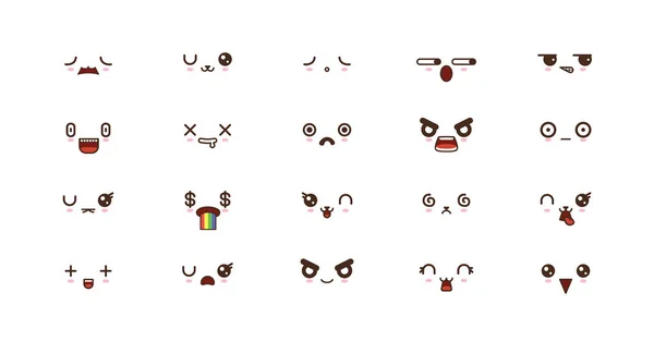 Kawaii visages mignons sourire émoticônes. Émoji japonais — Image vectorielle