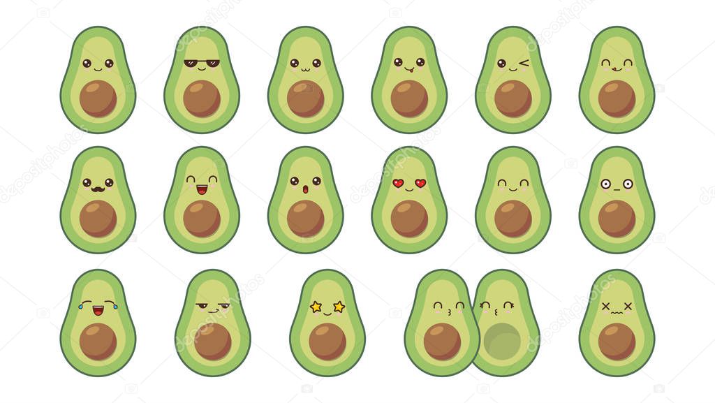 Avocado cute kawaii mascot. Set kawaii food faces