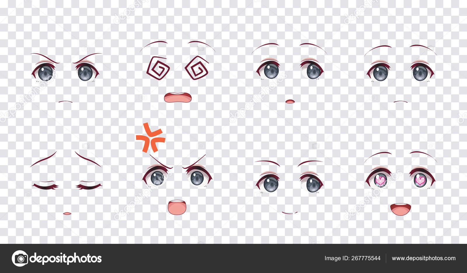 Quatro rostos de emoções de anime