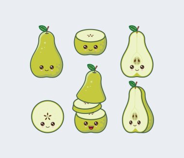 Yeşil armut. Set sevimli kawaii gıda yüzleri