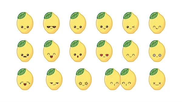 Mascotte de citron mignon kawaii. Set visages de nourriture kawaii — Image vectorielle