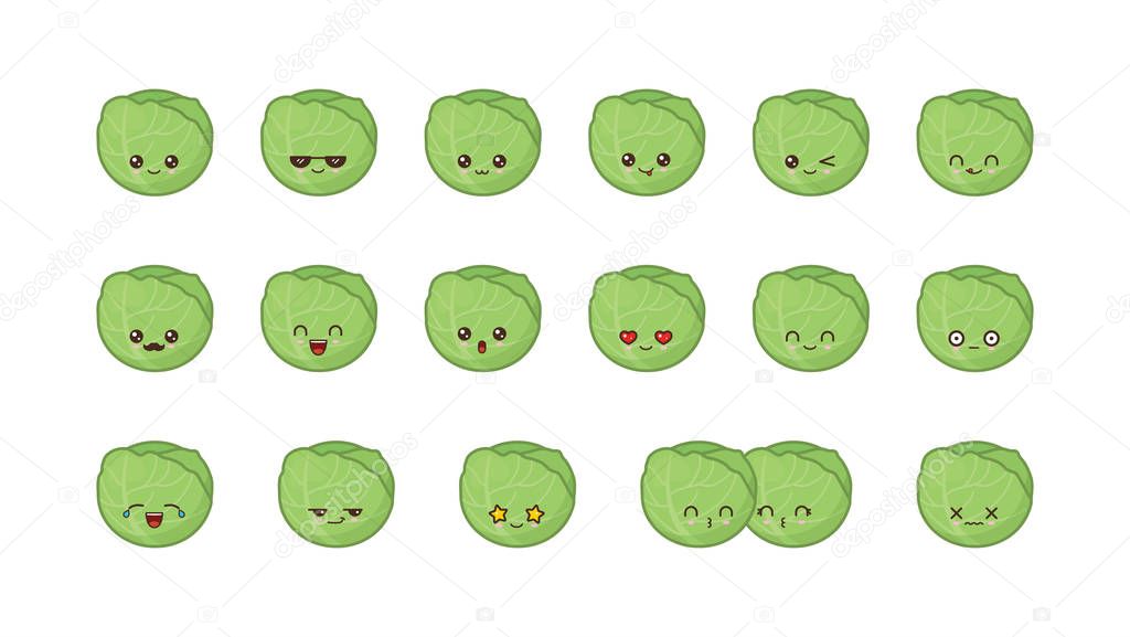 Cabbage cute kawaii mascot. Set kawaii food faces