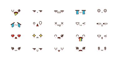 Kawaii şirin yüzler ifadeler gülümse. Japon emoji