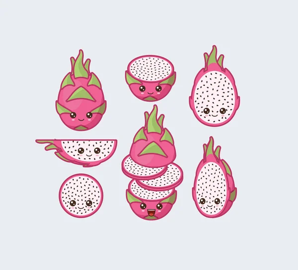Fruit du dragon. Set mignon kawaii visages de nourriture — Image vectorielle