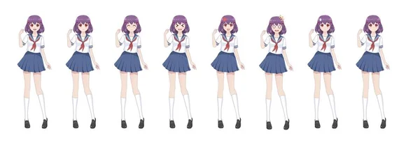 Anime mangá estudante em terno marinheiro, saia azul —  Vetores de Stock