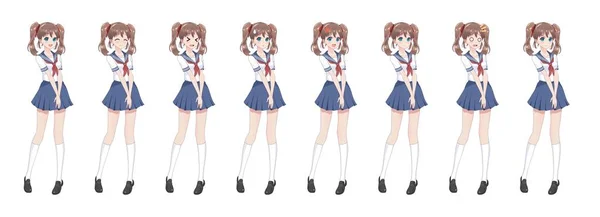 Anime manga gadis sekolah dalam setelan pelaut, rok biru - Stok Vektor