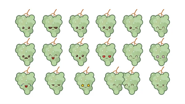 Mascotte de raisin mignon kawaii. Set visages de nourriture kawaii — Image vectorielle