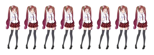 Anime manga schoolmeisje geruite rode rok patroon stropdas — Stockvector