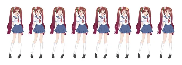 Anime manga skolflicka i sjömanskostym, blå kjol — Stock vektor