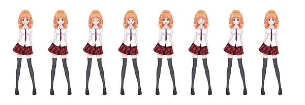Anime manga kız öğrenci ekose etek kırmızı kravat desen — Stok Vektör