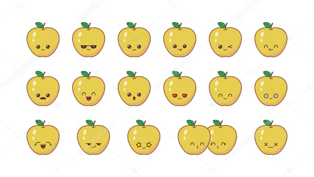 Apple cute kawaii mascot. Set kawaii food faces