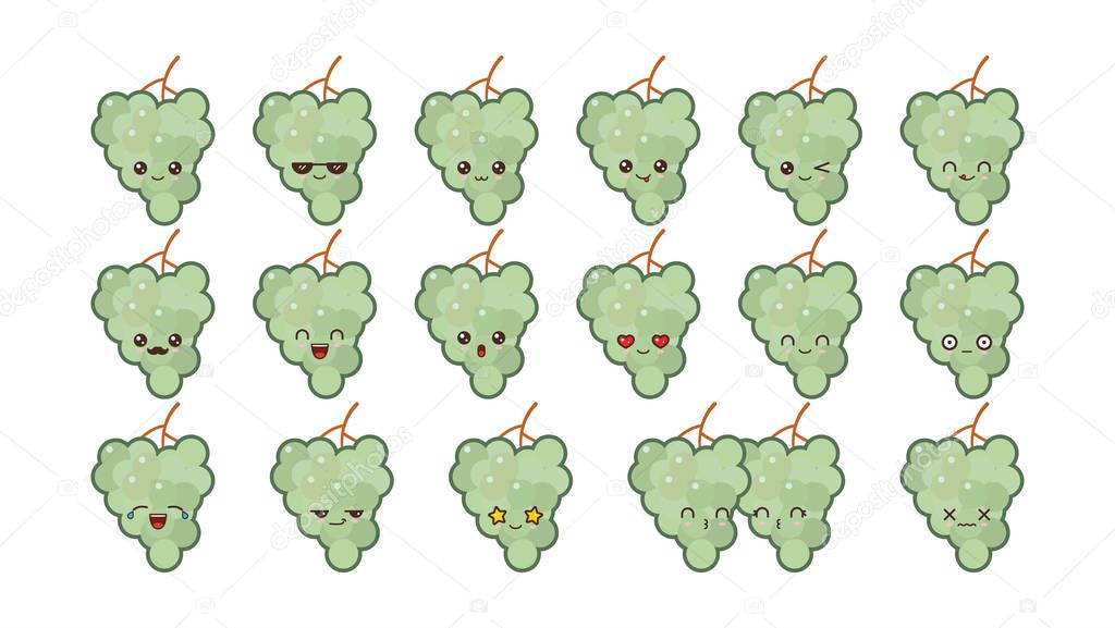 Grapes cute kawaii mascot. Set kawaii food faces