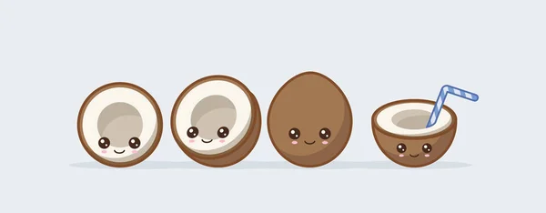 Ensemble de noix de coco dessiné visages de nourriture kawaii mignon — Image vectorielle