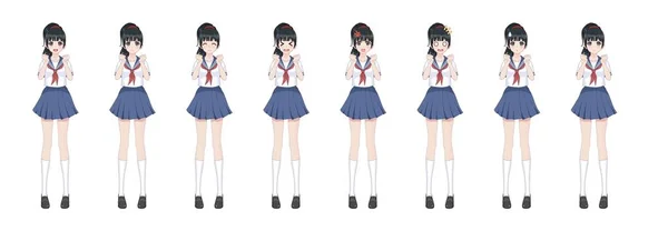 Anime manga gadis sekolah dalam setelan pelaut, rok biru - Stok Vektor