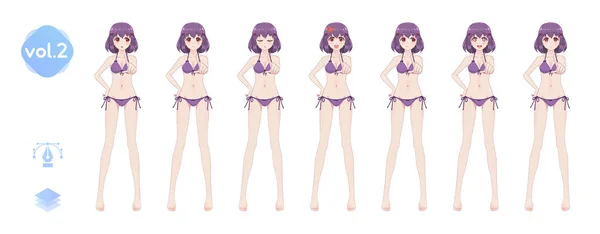 Gadis manga anime. Dalam bikini pakaian renang musim panas - Stok Vektor