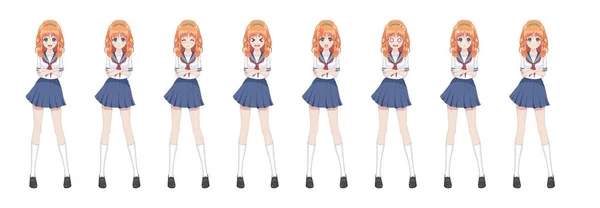 Anime manga kız öğrenci denizci takım elbise, mavi etek — Stok Vektör