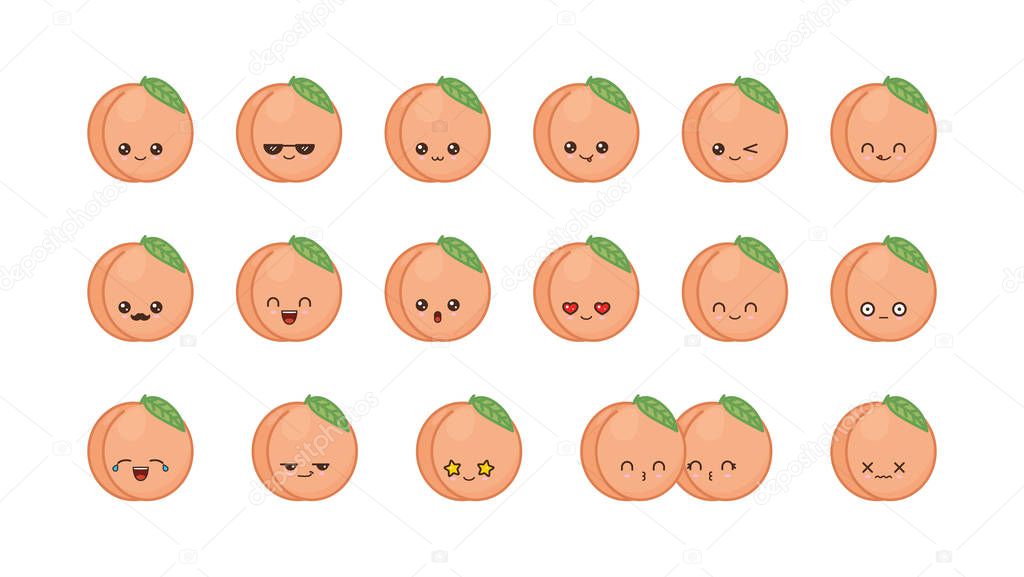 Peach cute kawaii mascot. Set kawaii food faces