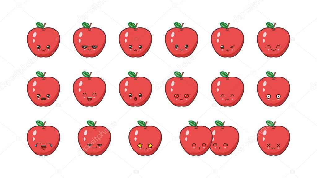 Apple cute kawaii mascot. Set kawaii food faces