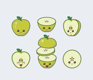 Elma sevimli kawaii gıda yüzleri çizilmiş ayarlayın