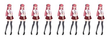 Anime manga kız öğrenci ekose etek kırmızı kravat desen