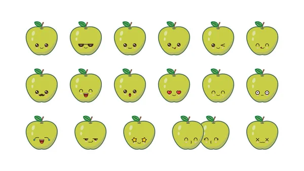 Mascotte de pomme kawaii mignon. Set visages de nourriture kawaii — Image vectorielle