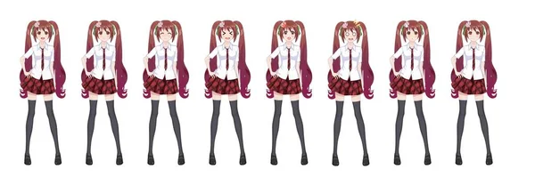 Anime manga gadis sekolah kotak-kotak merah rok pola dasi - Stok Vektor