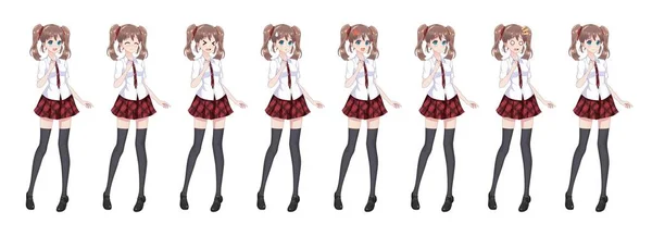 Anime Manga Schulmädchen kariert roten Rock Krawattenmuster — Stockvektor