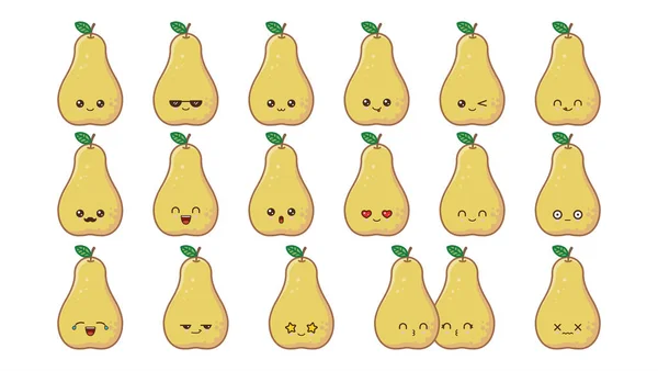Poire mignonne mascotte kawaii. Set visages de nourriture kawaii — Image vectorielle