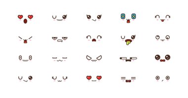 Kawaii şirin yüzler ifadeler gülümse. Japon emoji