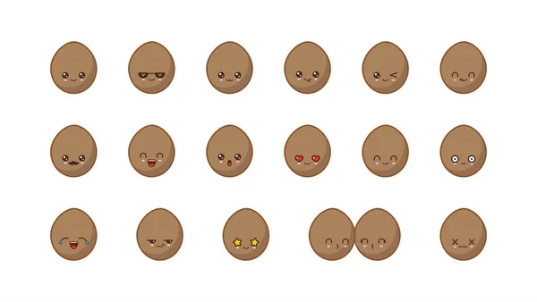 Mascotte de noix de coco mignon kawaii. Set visages de nourriture kawaii — Image vectorielle