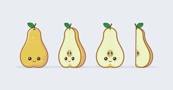 Ensemble de poires jaunes dessinées mignons visages de nourriture kawaii — Image vectorielle