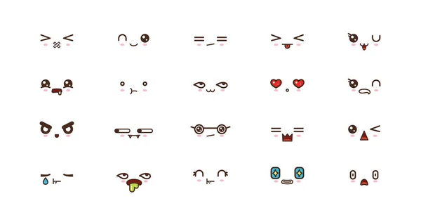 Kawaii visages mignons sourire émoticônes. Émoji japonais — Image vectorielle