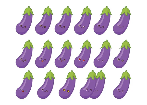 Mascotte mignonne d'aubergine kawaii. Set visages de nourriture kawaii — Image vectorielle