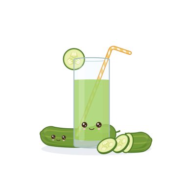 Sevimli kawai gülümseyen karikatür salatalık suyu. Vektör