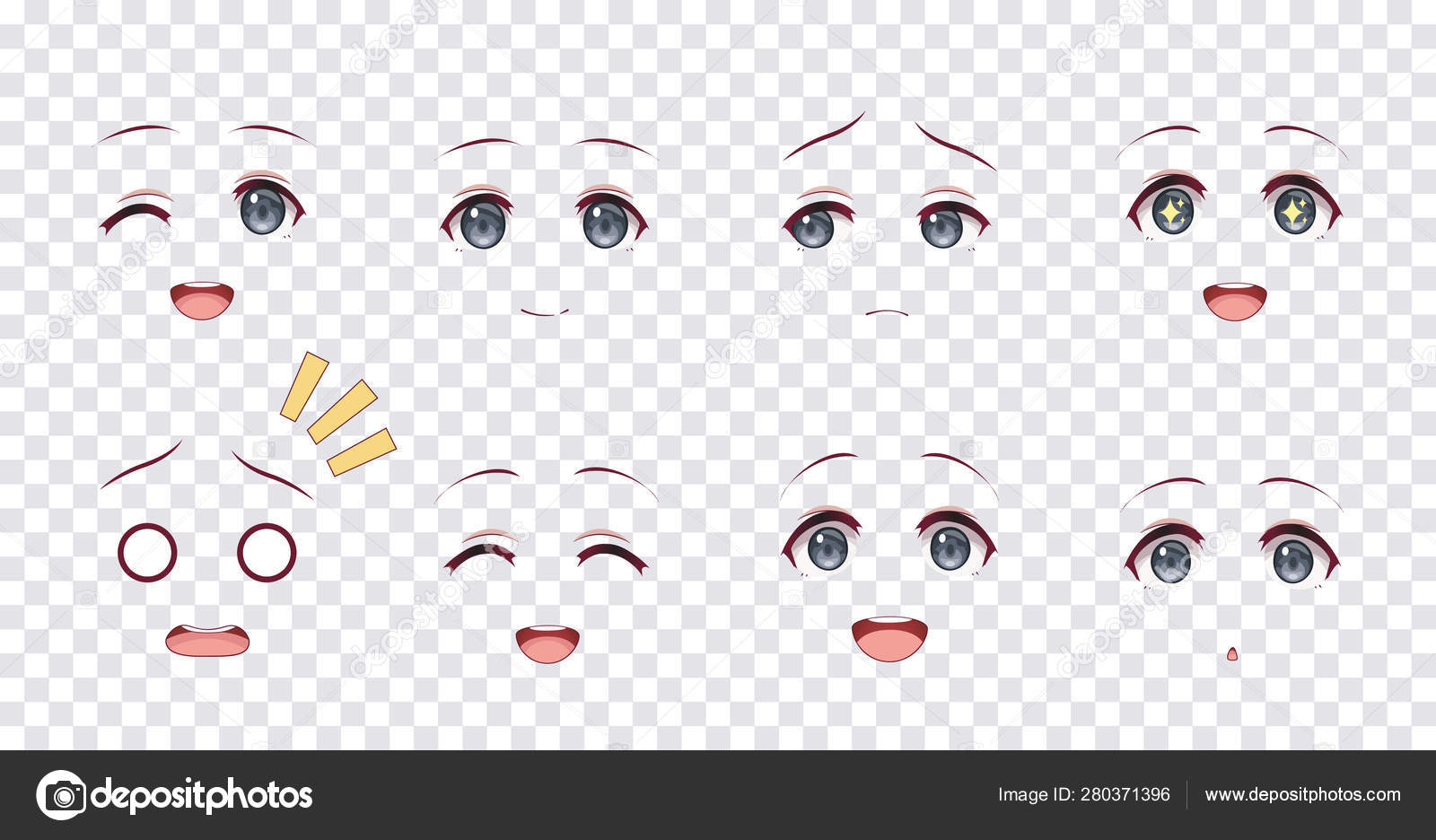 Olhos bonitos de garotas de anime. expressões de rosto de mangá