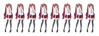 Anime manga kız öğrenci ekose etek kırmızı kravat desen