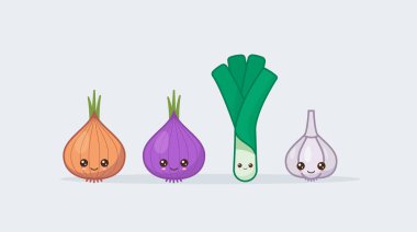 Soğan ve sarımsak ayarlayın. Sevimli kawaii gülümseyen gıda