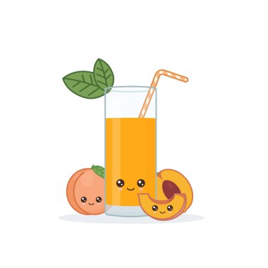 Sevimli kawai gülümseyen karikatür şeftali suyu. Vektör