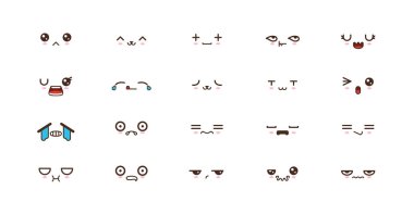 Kawaii şirin yüzler ifadeler gülümse. Japon emoji